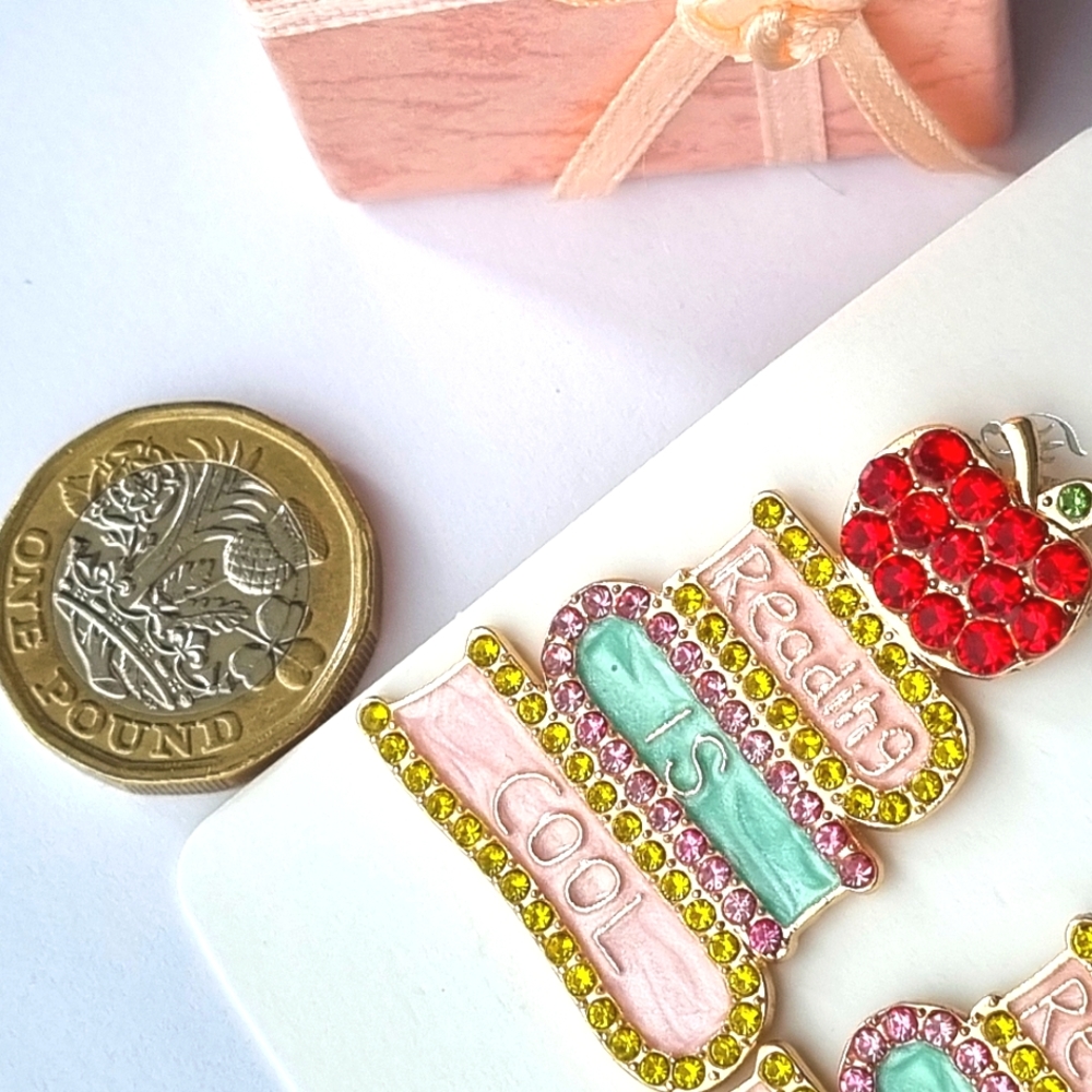 Statement Earrings | Diamantè Encrusted | Reading is Cool | Novelty Gift 🍎📚 - Picture 7 of 9